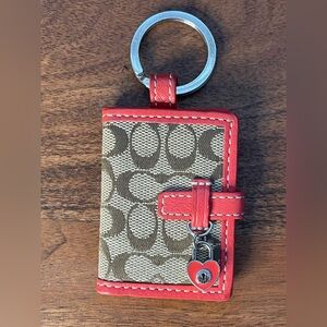 COACH Large Signature Tan Jacquard Photo Frame Bag Charm w/Heart Locket Charm